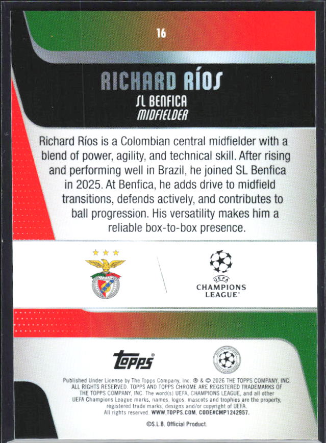 Richard Ríos 2025-26 Chrome UEFA RC #16 – baksida