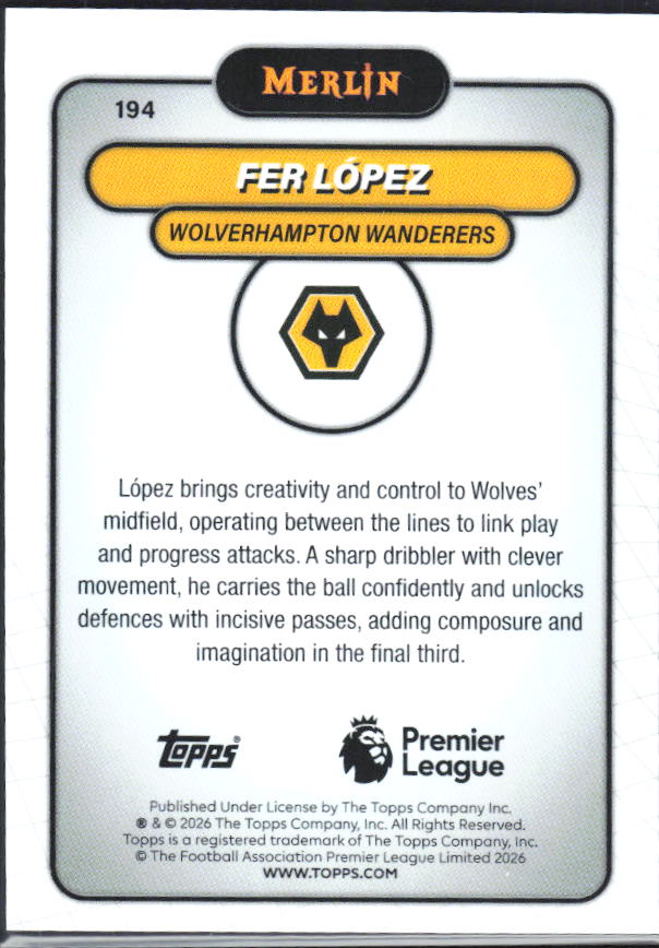 Fer López 2026 Merlin Premier League RC #194 – baksida
