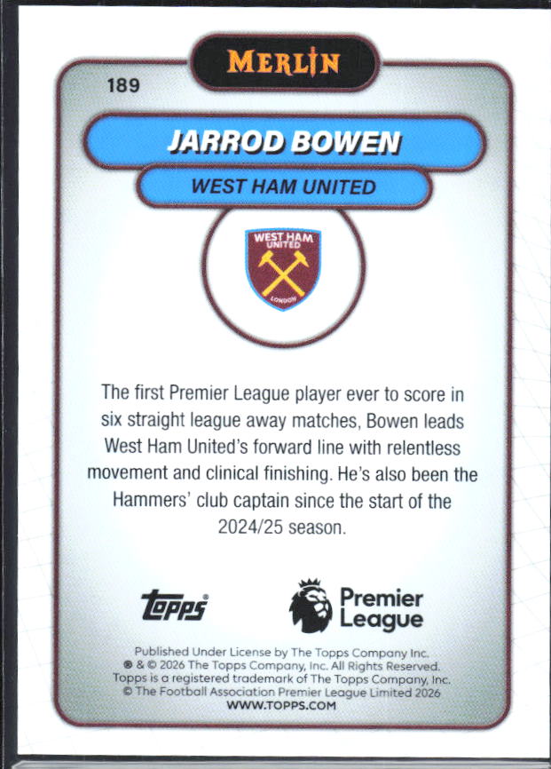 Jarrod Bowen 2026 Merlin Premier League #189 – baksida