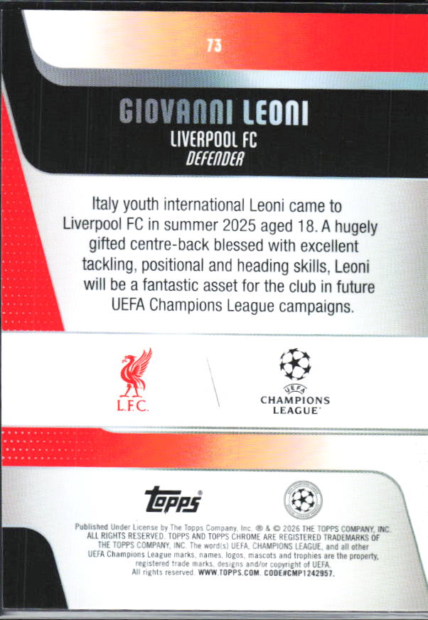 Giovanni Leoni 2025-26 Chrome UEFA RC #73 – baksida