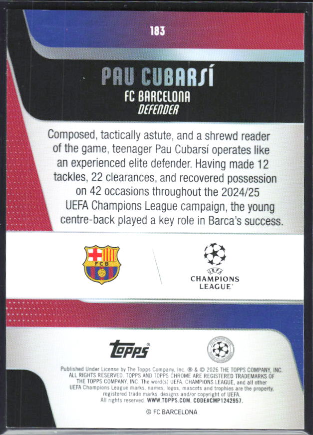 Pau Cubarsí 2025-26 Chrome UEFA #183 – baksida