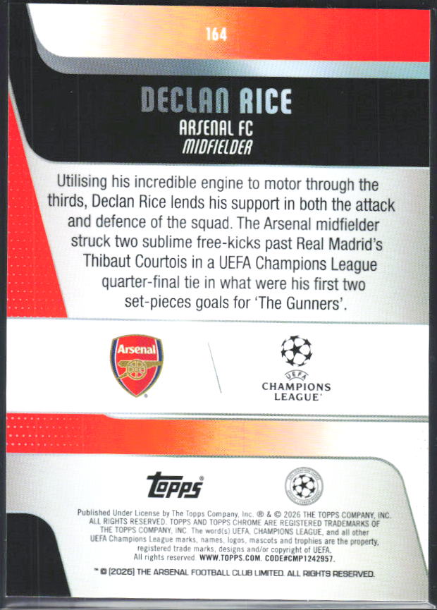 Declan Rice 2025-26 Chrome UEFA #164 – baksida