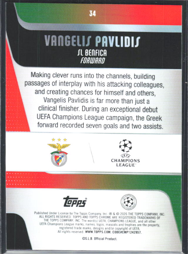 Vangelis Pavlidis 2025-26 Chrome UEFA #34 – baksida