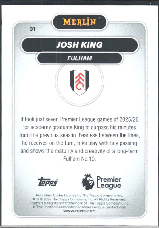 Josh King 2026 Merlin Premier League RC #91 – baksida