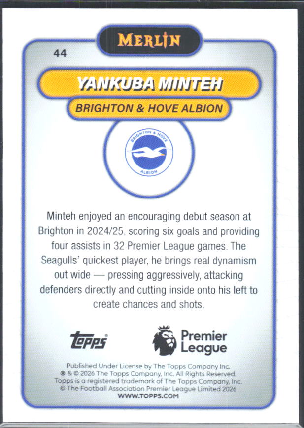 Yankuba Minteh 2026 Merlin Premier League #44 – baksida