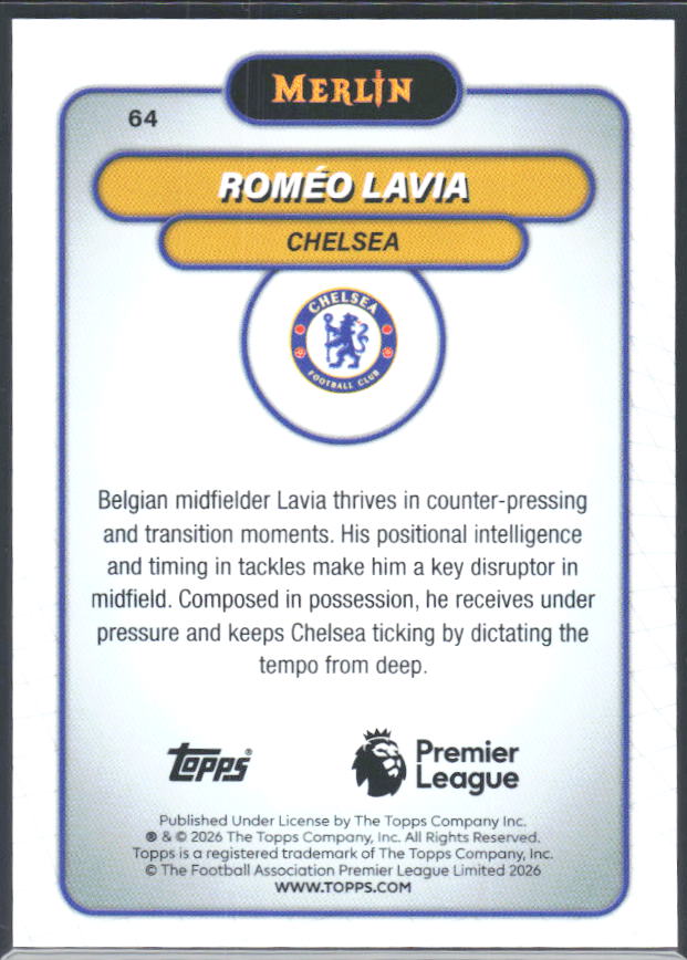 Roméo Lavia 2026 Merlin Premier League #64 – baksida