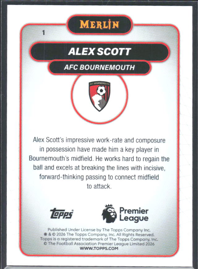 Alex Scott 2026 Merlin Premier League #1 – baksida
