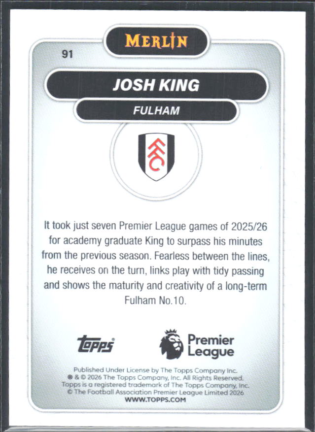 Josh King 2026 Merlin Premier League RC #91 – baksida