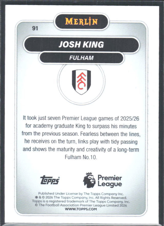 Josh King 2026 Merlin Premier League RC #91 – baksida