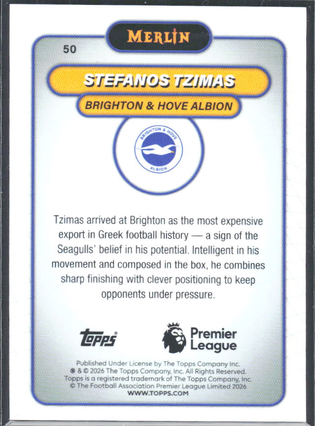 Stefanos Tzimas 2026 Merlin Premier League RC #50 – baksida