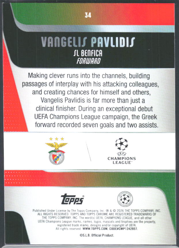 Vangelis Pavlidis 2025-26 Chrome UEFA #34 – baksida