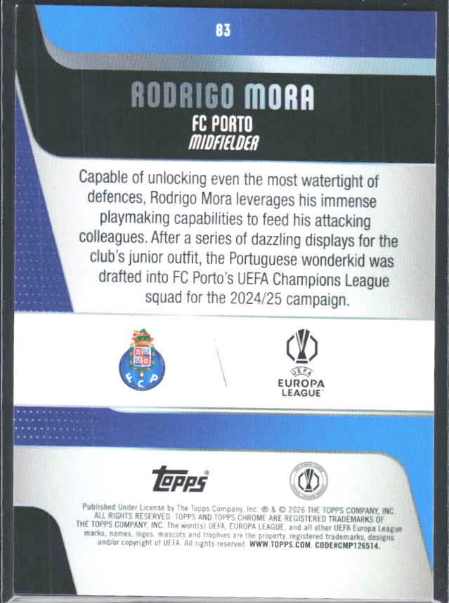 Rodrigo Mora 2025-26 Chrome UEFA Future Stars #83 – baksida