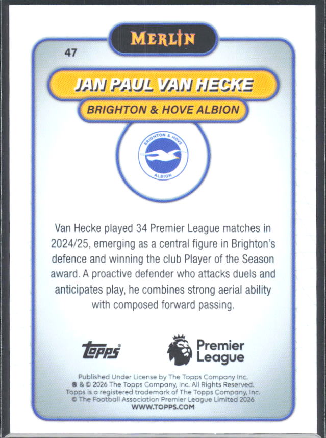 Jan Paul van Hecke 2026 Merlin Premier League #47 – baksida