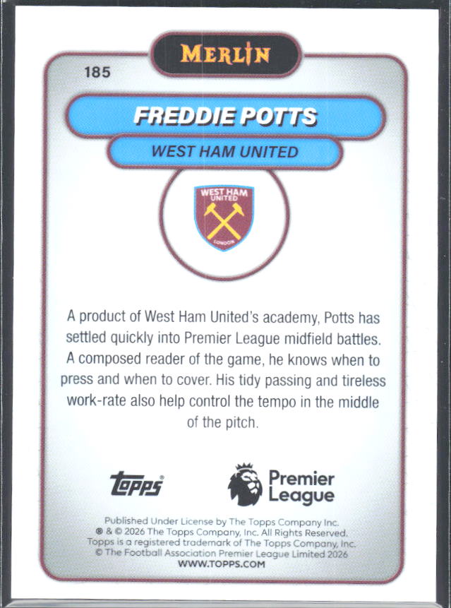 Freddie Potts 2026 Merlin Premier League RC #185 – baksida