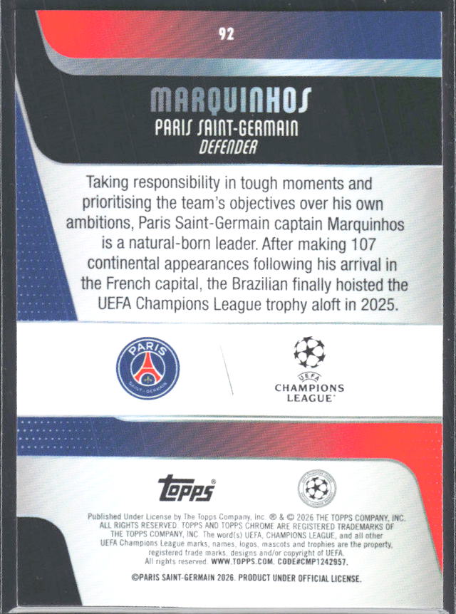 Marquinhos 2025-26 Chrome UEFA #92 – baksida