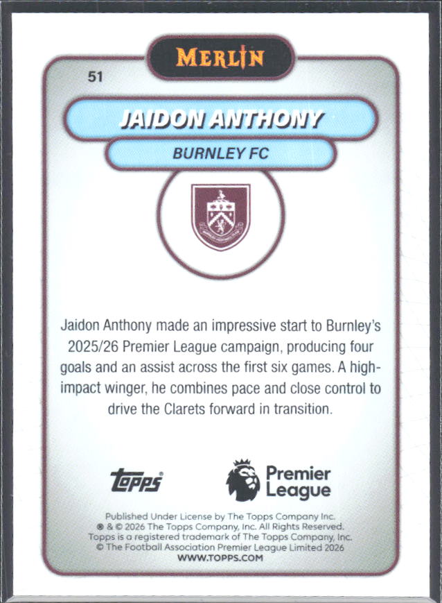 Jaidon Anthony 2026 Merlin Premier League #51 – baksida
