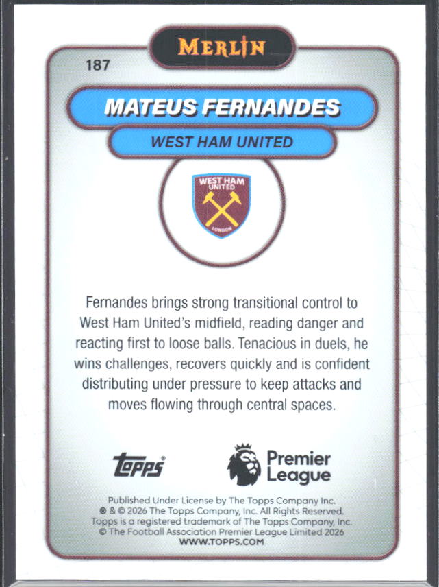 Mateus Fernandes 2026 Merlin Premier League #187 – baksida