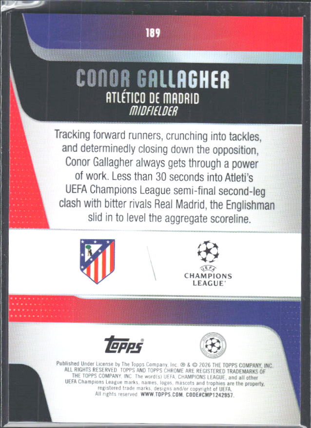 Conor Gallagher 2025-26 Chrome UEFA #189 – baksida