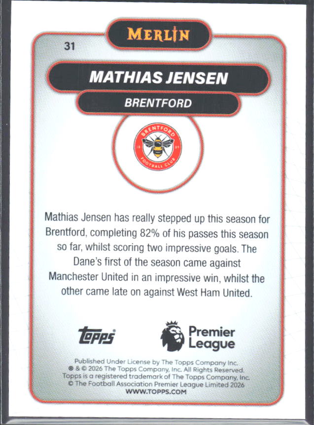 Mathias Jensen 2026 Merlin Premier League #31 – baksida