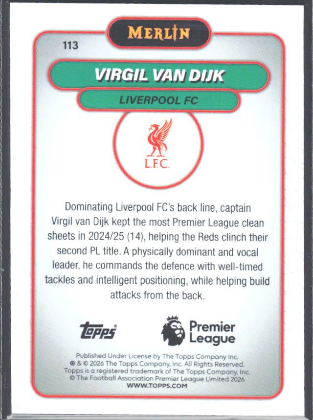 Virgil van Dijk 2026 Merlin Premier League #113 – baksida