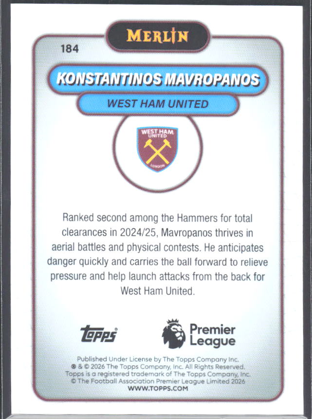 Konstantinos Mavropanos 2026 Merlin Premier League #184 – baksida