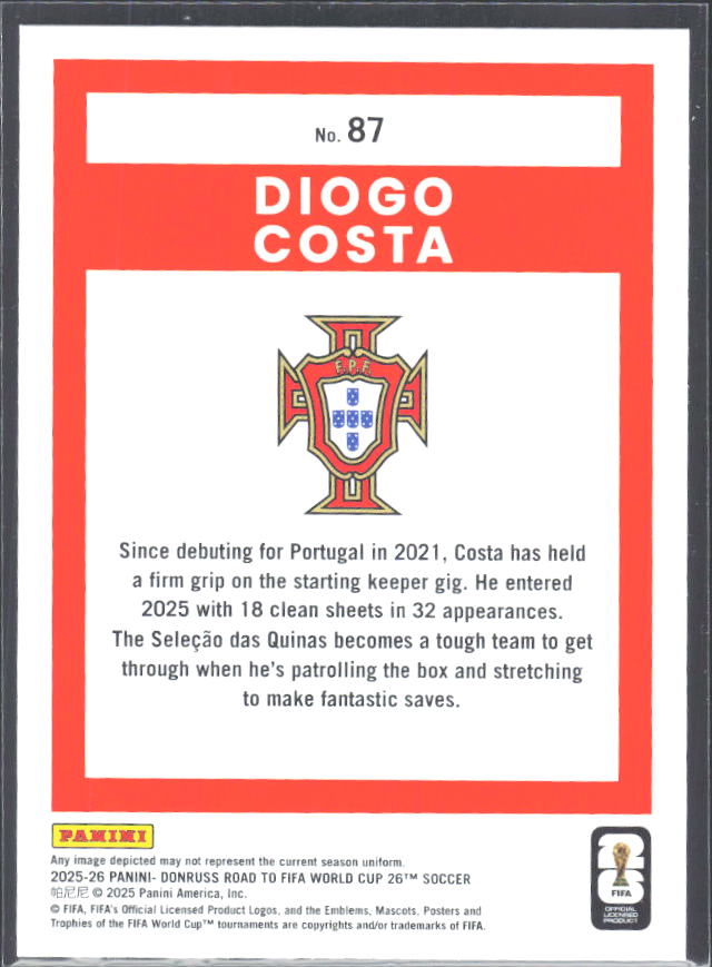 Diogo Costa 2025-26 Donruss Road to FIFA WC #87 – baksida