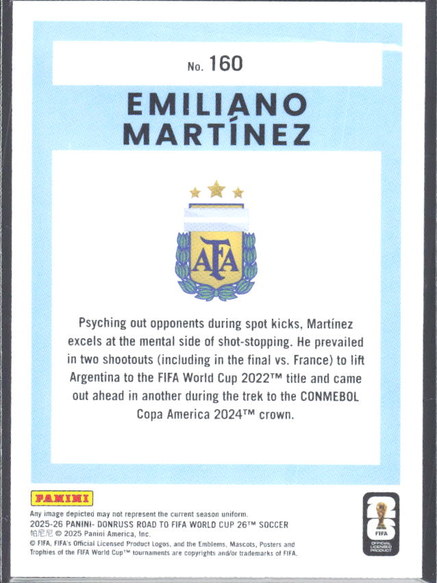 Emiliano Martínez 2025-26 Donruss Road to FIFA WC #160 – baksida