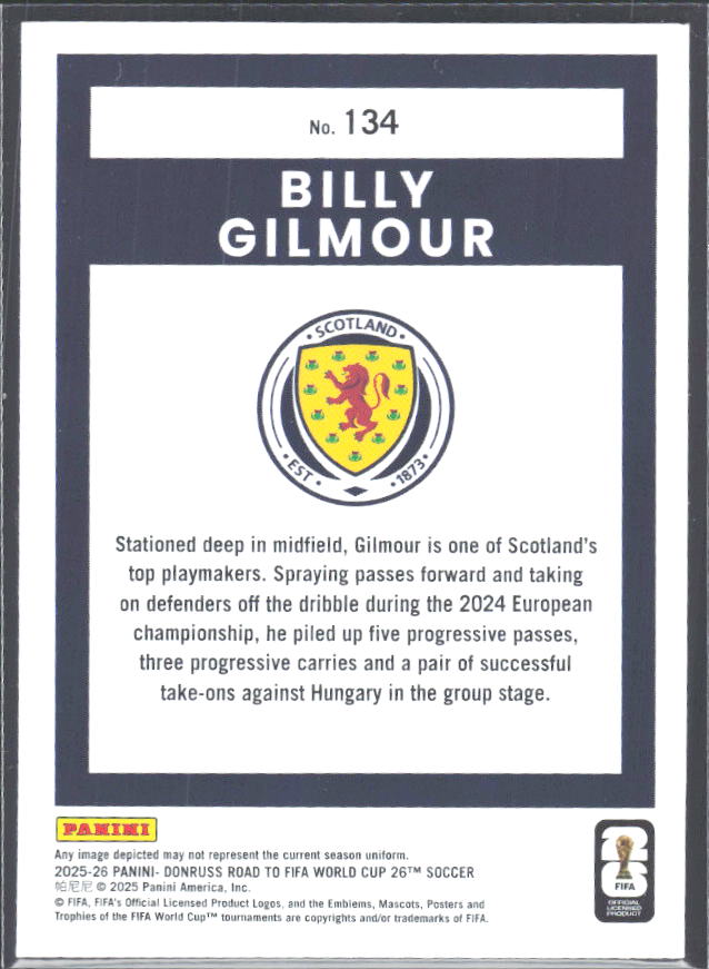 Billy Gilmour 2025-26 Donruss Road to FIFA WC #134 – baksida