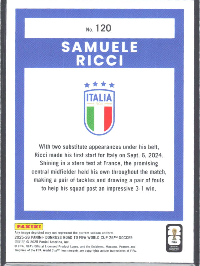 Samuele Ricci 2025-26 Donruss Road to FIFA WC Optic #120 – baksida