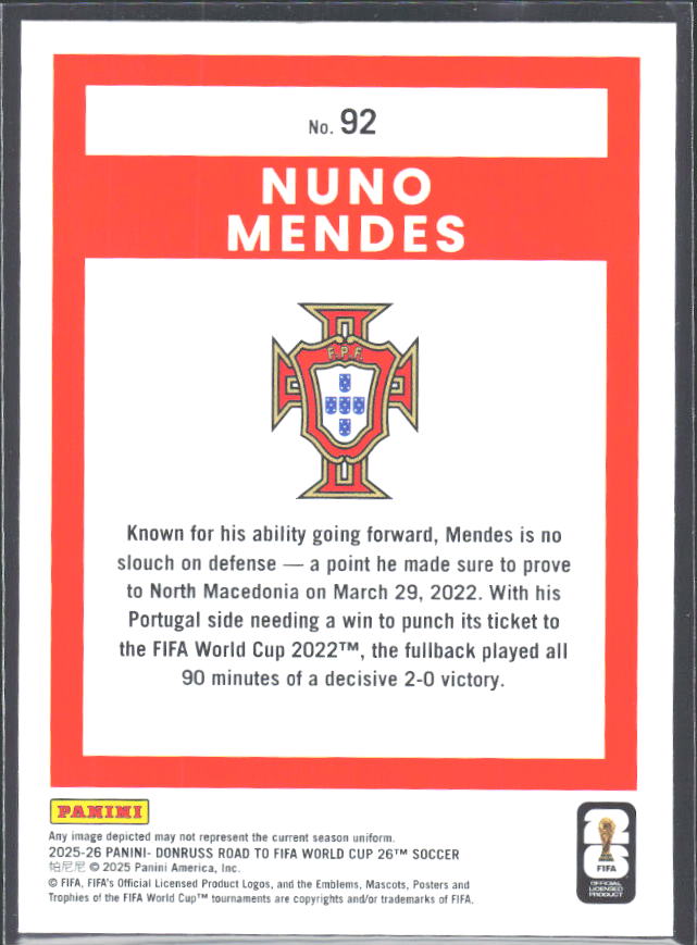 Nuno Mendes 2025-26 Donruss Road to FIFA WC #92 – baksida