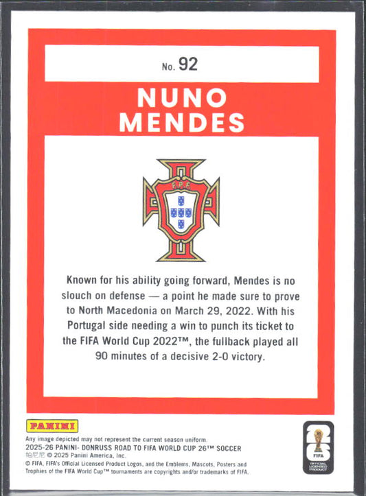 Nuno Mendes 2025-26 Donruss Road to FIFA WC #92 – baksida