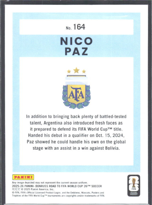 Nico Paz 2025-26 Donruss Road to FIFA WC #164 – baksida