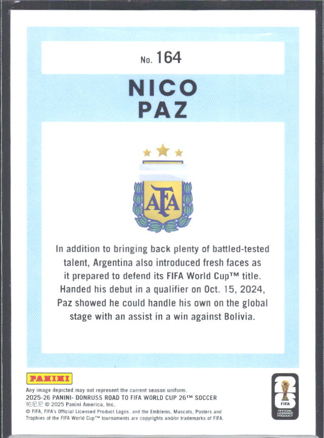 Nico Paz 2025-26 Donruss Road to FIFA WC #164 – baksida