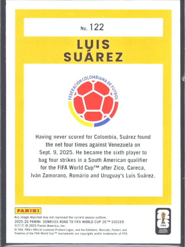 Luis Suárez 2025-26 Donruss Road to FIFA WC #122 – baksida