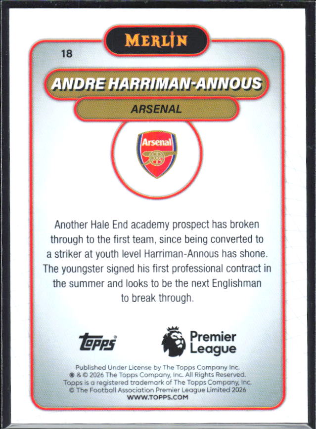 Andre Harriman-Annous 2026 Merlin Premier League RC #18 – baksida
