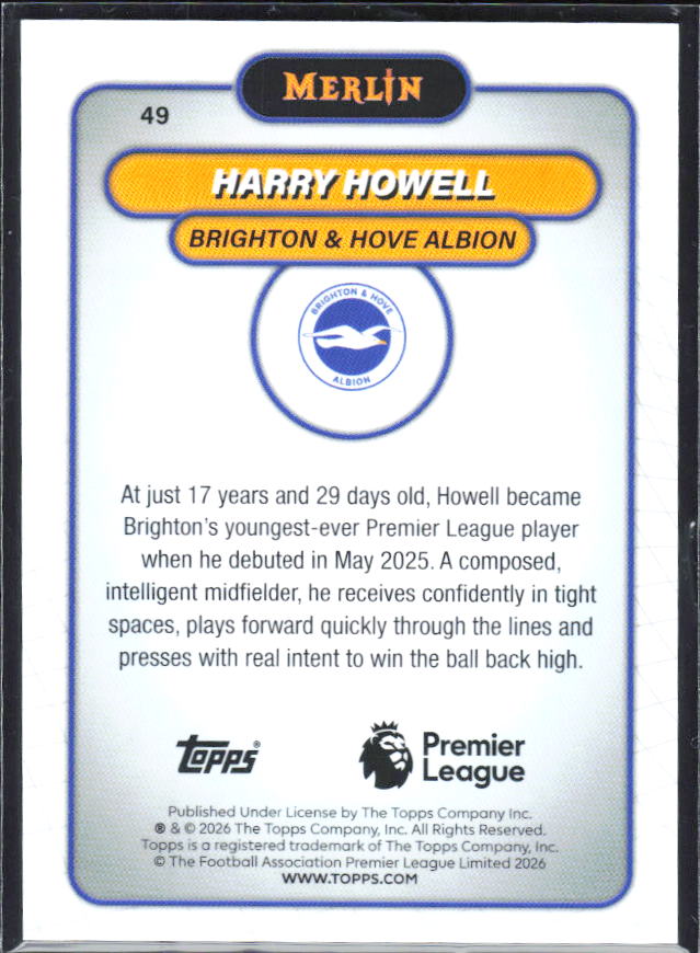 Harry Howell 2026 Merlin Premier League RC #49 – baksida