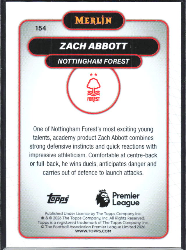 Zach Abbott 2026 Merlin Premier League RC #154 – baksida