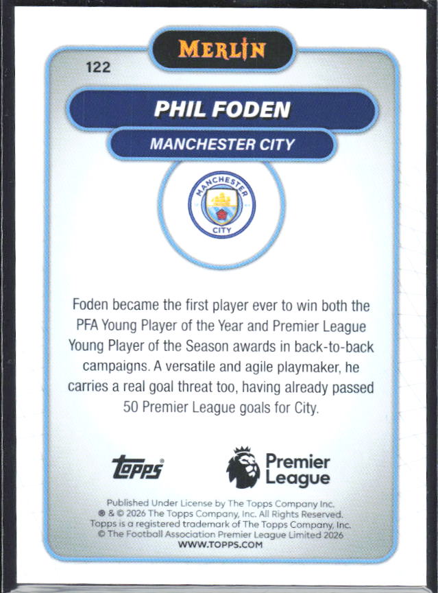 Phil Foden 2026 Merlin Premier League #122 – baksida