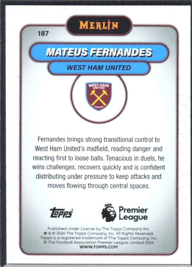 Mateus Fernandes 2026 Merlin Premier League #187 – baksida