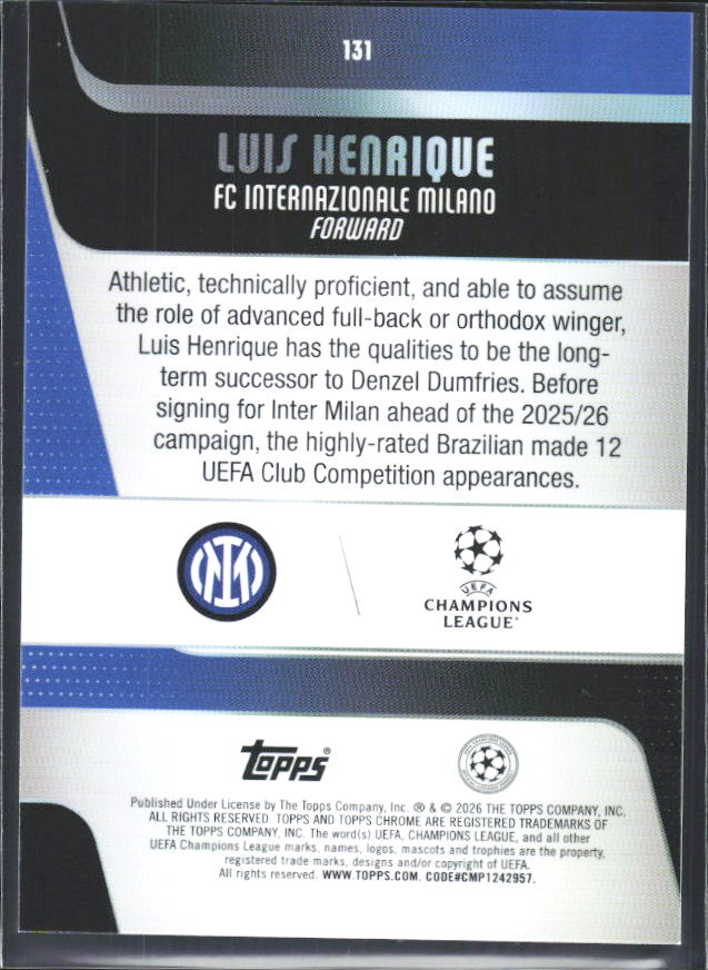 Luis Henrique 2025-26 Chrome UEFA #131 – baksida