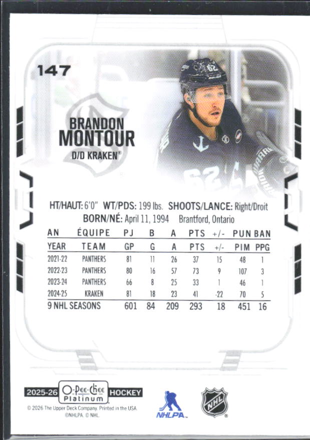 Brandon Montour 2025-26 O-Pee-Chee Platinum #147 – baksida