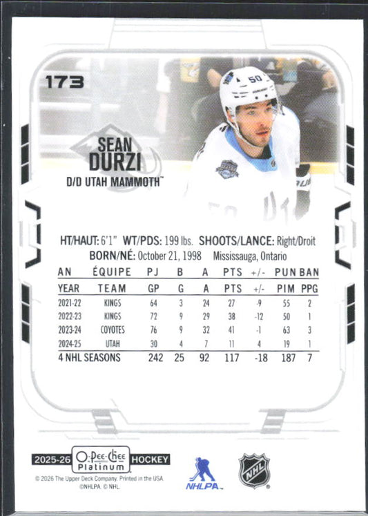 Sean Durzi 2025-26 O-Pee-Chee Platinum #173 – baksida