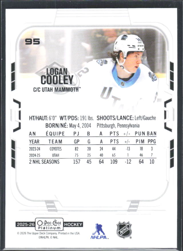 Logan Cooley 2025-26 O-Pee-Chee Platinum #95 – baksida