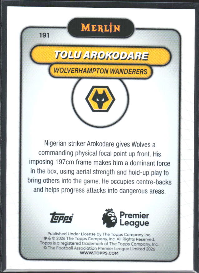 Tolu Arokodare 2026 Merlin Premier League RC #191 – baksida