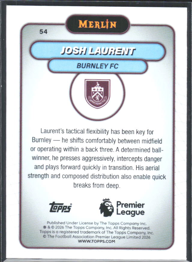 Josh Laurent 2026 Merlin Premier League RC #54 – baksida