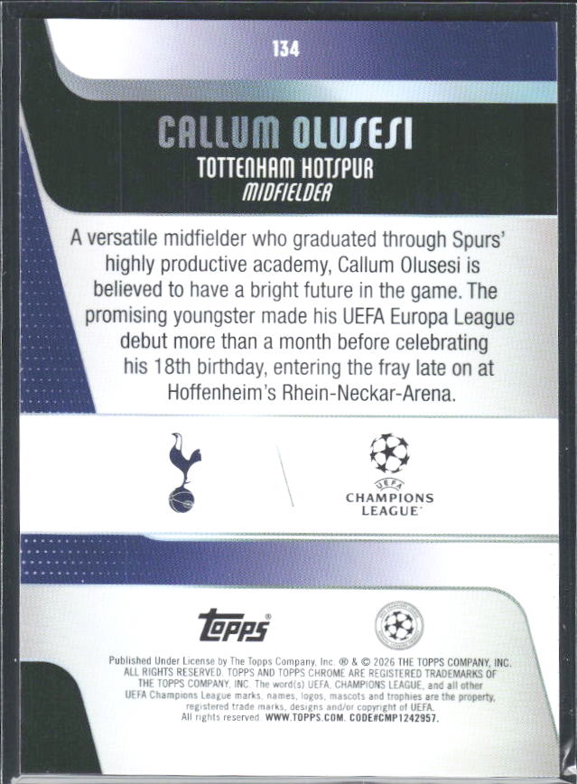 Callum Olusesi 2025-26 Chrome UEFA RC #134 – baksida