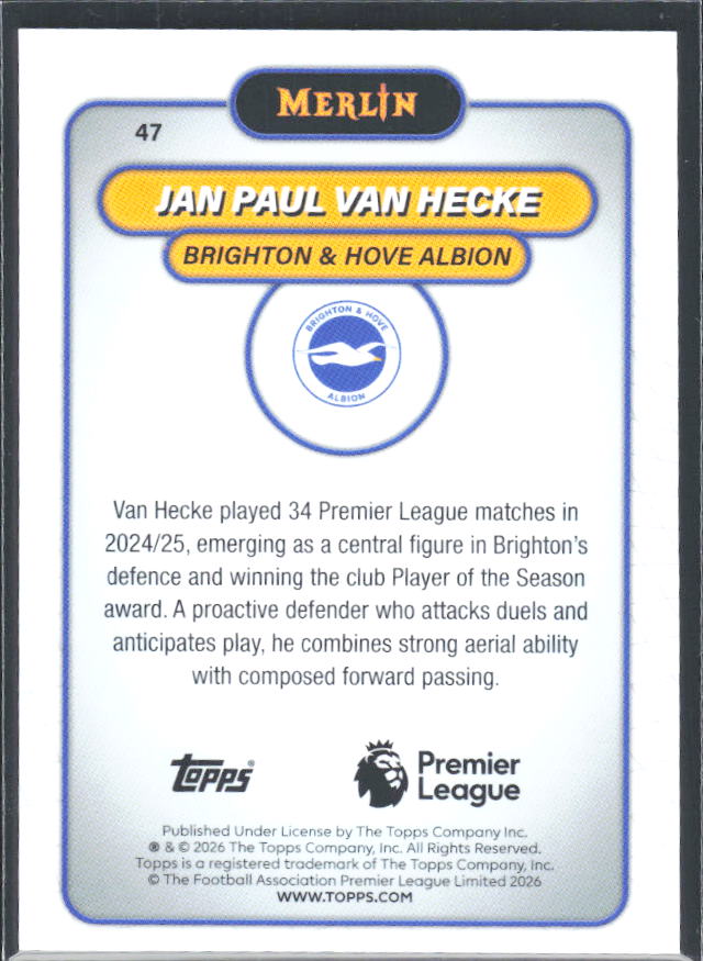 Jan Paul van Hecke 2026 Merlin Premier League #47 – baksida