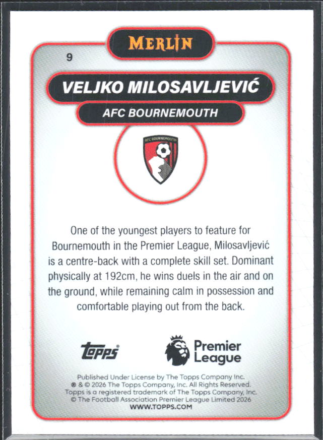 Veljko Milosavljević 2026 Merlin Premier League RC #9 – baksida
