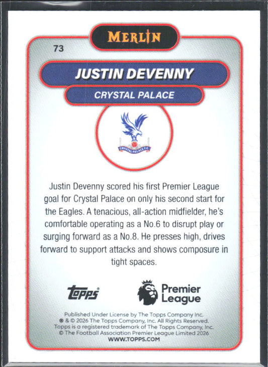 Justin Devenny 2026 Merlin Premier League RC #73 – baksida