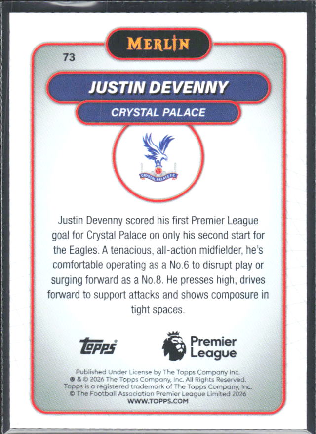 Justin Devenny 2026 Merlin Premier League RC #73 – baksida
